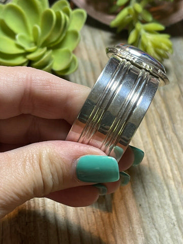 Unique Navajo Sterling Silver & Rainbow Stone Signed Cuff Bracelet