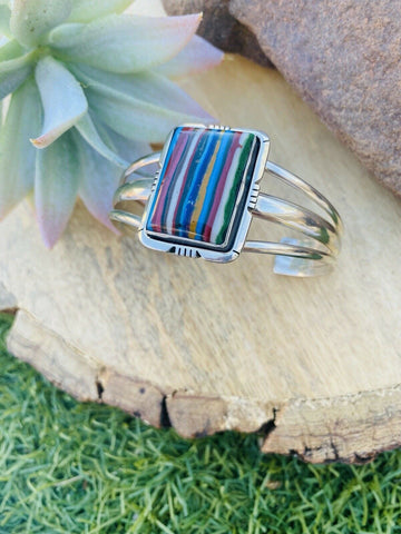 Navajo Sterling Silver & Rainbow  Rectangle Cuff Bracelet