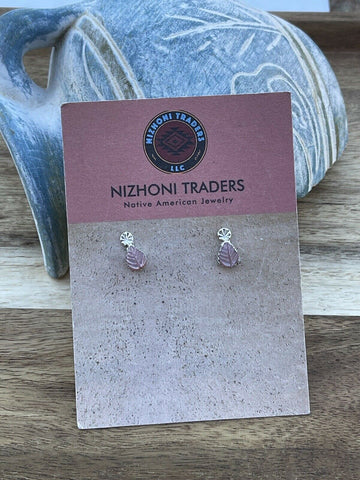 Zuni Sterling Silver & Pink Mussel Shell Leaf Earrings