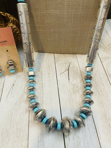 Navajo Sterling Silver & Turquoise Beaded Necklace & Earrings Set