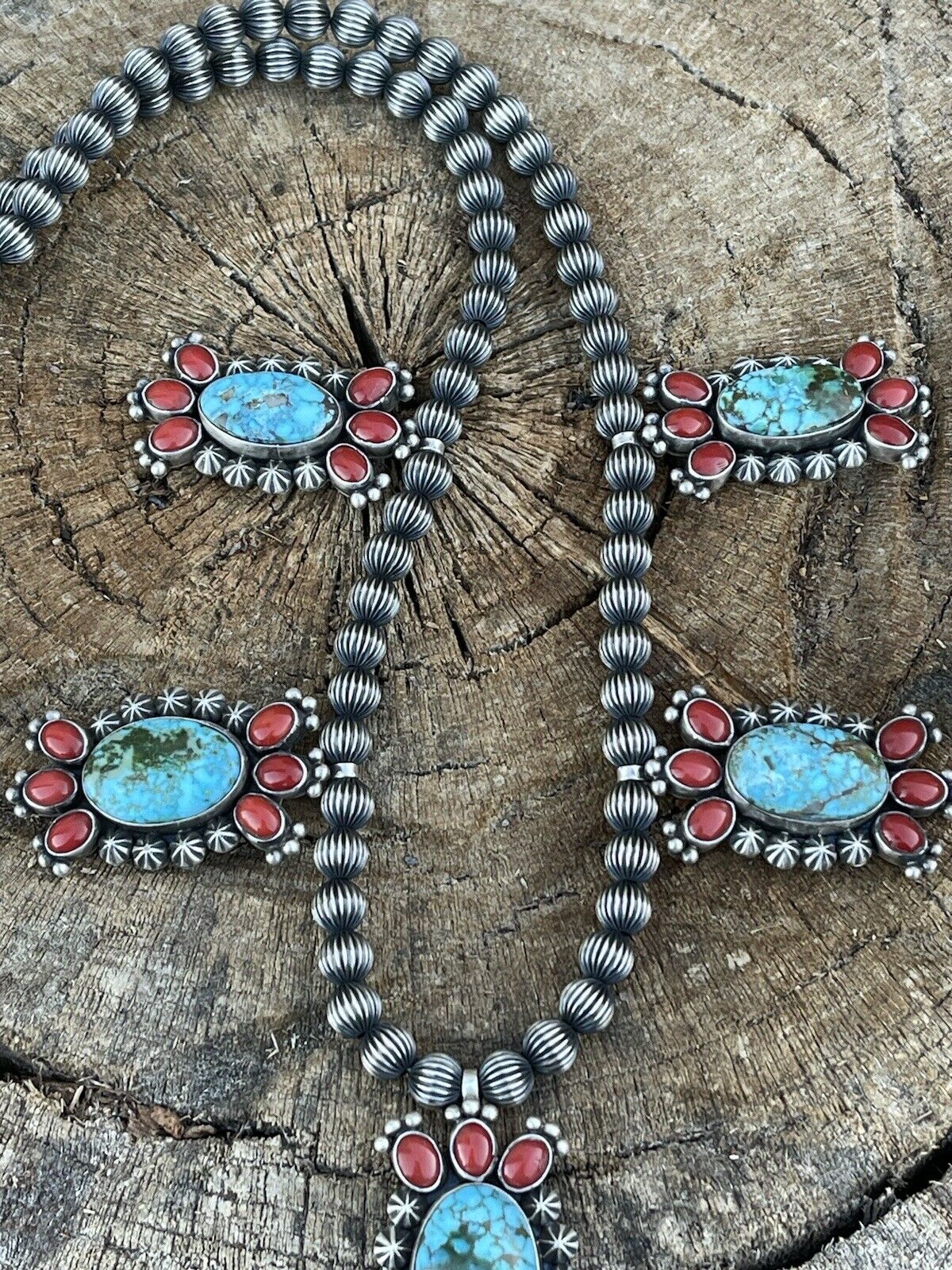 Navajo Sterling Kingman Turquoise Natural Red Coral Necklace Taos Collection