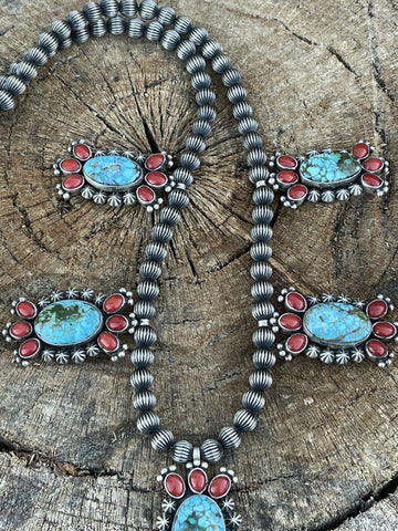 Navajo Sterling Kingman Turquoise Natural Red Coral Necklace Taos Collection