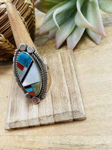 Navajo Sterling Silver And Multi Stone Inlay Ring Size 10