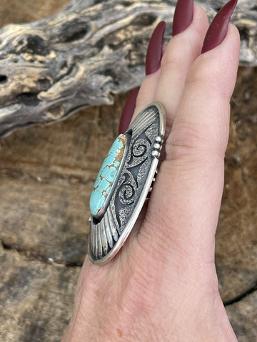 Navajo Number 8 Turquoise & Sterling Silver Statement Ring Size 8.5 Signed