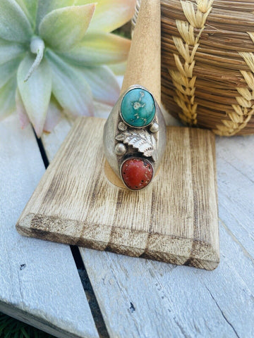 Vintage Navajo Sterling Silver, Turquoise & Coral Ring Size 10