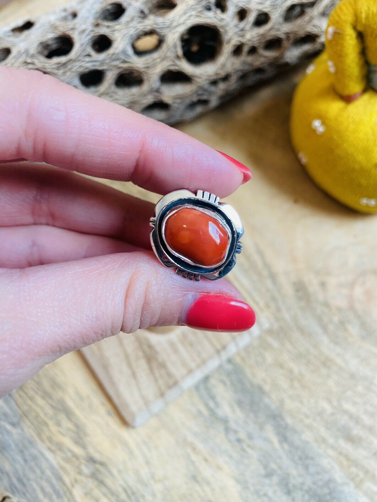 Navajo Sterling Silver & Orange Spiny Ring Size 5.75