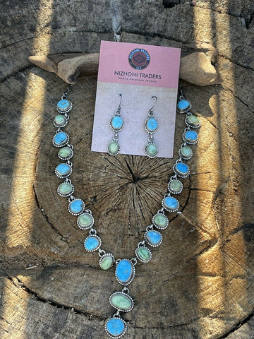 Navajo Sonoran Gold Turquoise & Golden Hills Turquoise Silver Lariat Earring Set