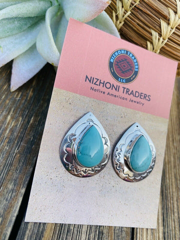 Navajo Hand Stamped Sterling Silver & Turquoise Post Earrings Signed