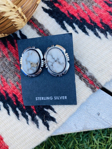 Navajo White Buffalo And Sterling Silver Post Earrings Signed