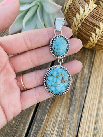 Navajo Sterling Silver & Kingman Web Turquoise Pendant Signed