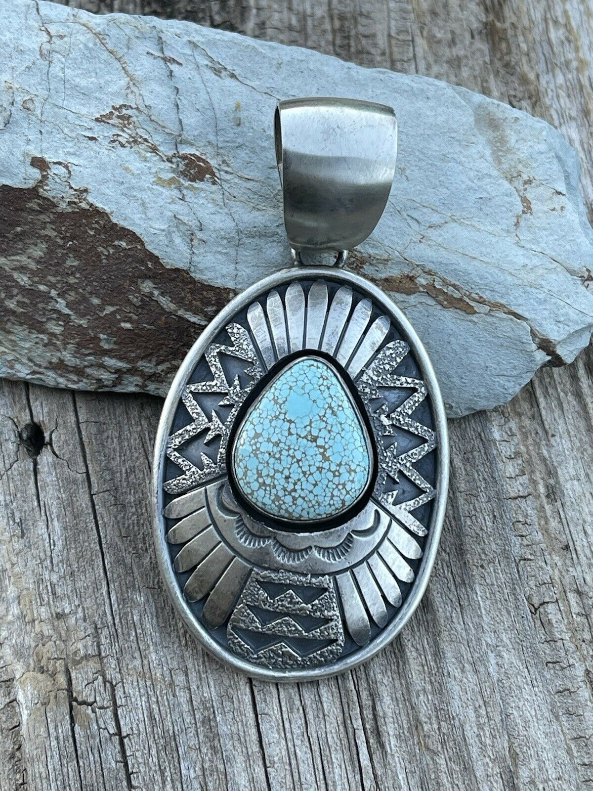 Navajo Dry Creek Turquoise Stone & Sand Cast Sterling Silver Pendant Signed