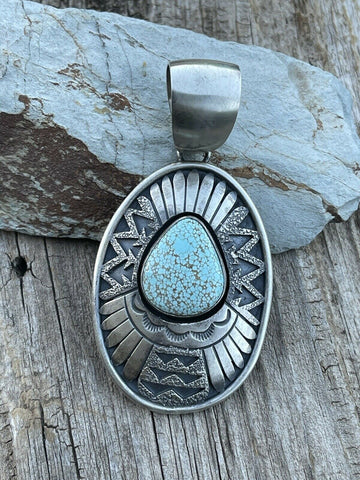 Navajo Dry Creek Turquoise Stone & Sand Cast Sterling Silver Pendant Signed