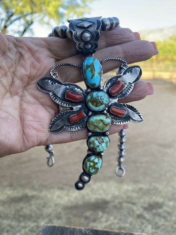 Shawn Cayatenito Sterling Silver Kingman  Turquoise & Coral Dragonfly Pendant