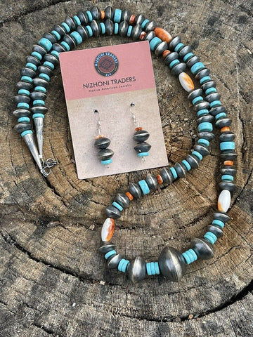 Navajo Sterling Silver Handmade Turquoise and Spiny Beaded Necklace Set