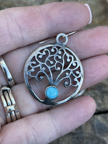 Navajo Sterling Silver Turquoise Tree Of Life Dangle Earrings