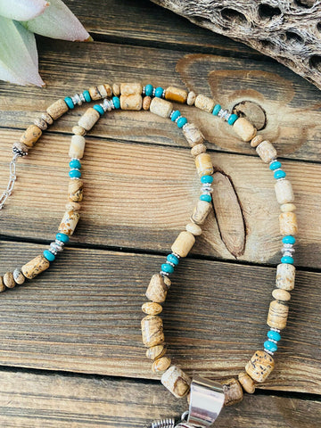 Navajo Jasper, Turquoise And Sterling Silver Beaded Necklace & Pendant Signed