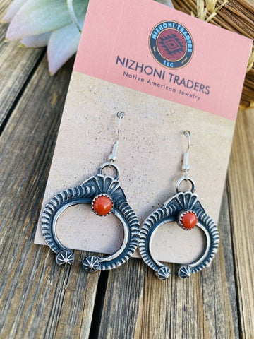 Navajo Coral & Sterling Silver Naja Cross Dangle Earrings By Kevin Billah