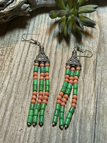 Navajo Sterling Dyed Green Kingman Turquoise and Pink Coral Bead Earrings