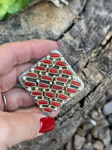 Navajo Sterling Silver Square Platform Red Coral Ring Sz 8