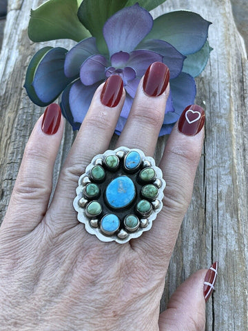 Navajo Sterling Sonoran Gold And Golden Hills Turquoise Cluster Ring Size 8.5