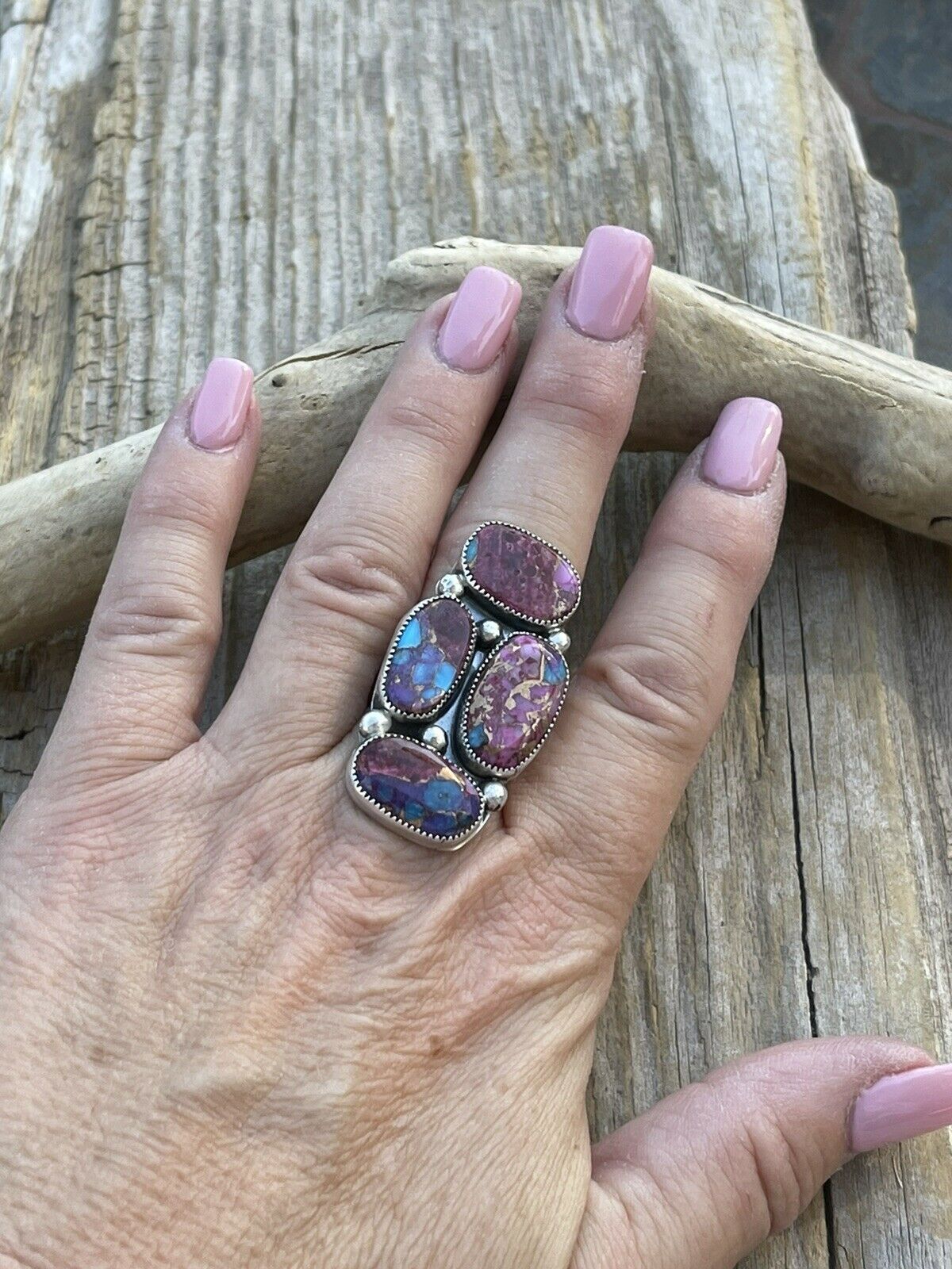 Navajo 4 stone Pink Dream Mohave & Sterling Silver Ring Size 6