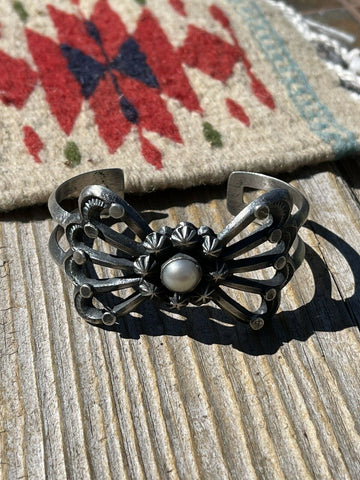 Navajo Sterling Silver Cuff Pearl Bracelet By Chimney Butte Signed