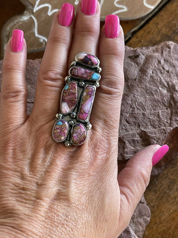 Navajo 6 stone Pink Dream Mojave & Sterling Silver Ring Size 8