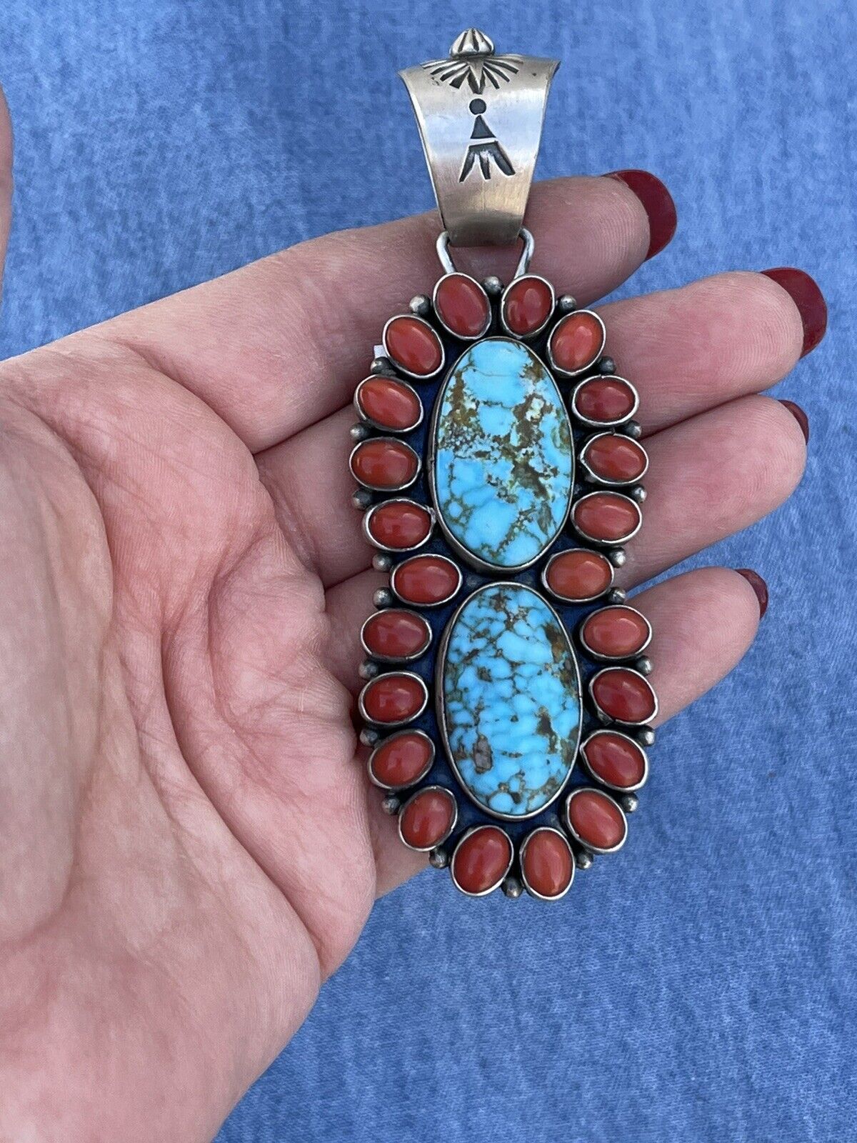 Navajo Sterling 2 Stone Kingman Web Turquoise & Red Coral Taos Pendant