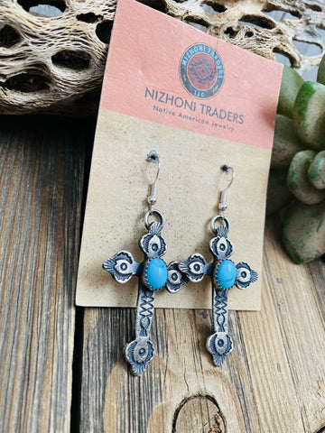 Navajo Turquoise & Sterling Silver Cross Dangle Earrings By Kevin Billah