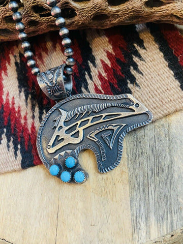 Navajo Turquoise & Sterling Silver Fetish Bear Pendant Signed