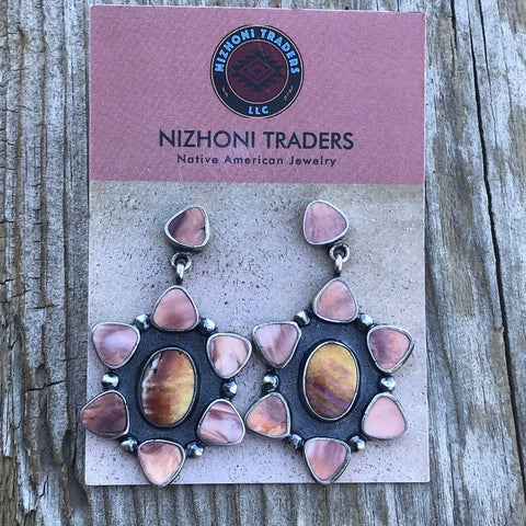 Navajo Spiny & Sterling Silver Dangle Earrings Artist T. Benally