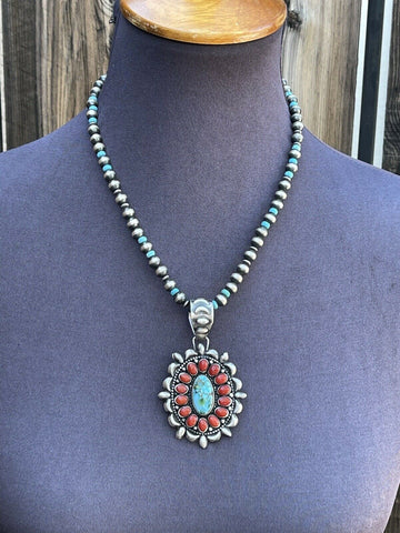 Navajo Sterling Kingman Web Turquoise & Red Coral Taos Ornate Pendant D. Clark