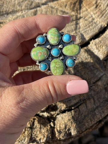 Navajo Sterling Sonoran Gold And Golden Hills Turquoise Cluster Ring Size 7