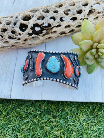 Vintage Navajo Turquoise, Coral & Sterling Silver Cuff Bracelet