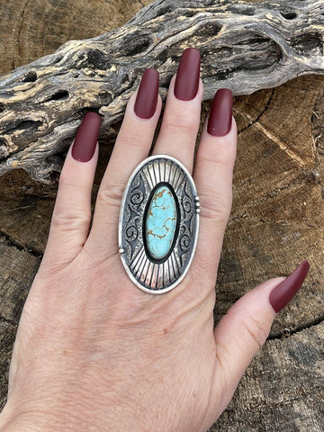 Navajo Number 8 Turquoise & Sterling Silver Statement Ring Size 8.5 Signed