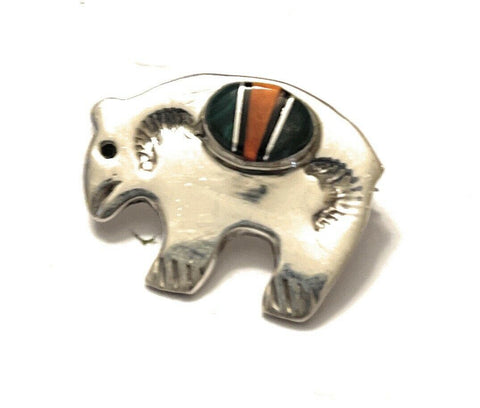 Navajo Sterling Silver Multi Stone Buffalo Pendant Pin Signed