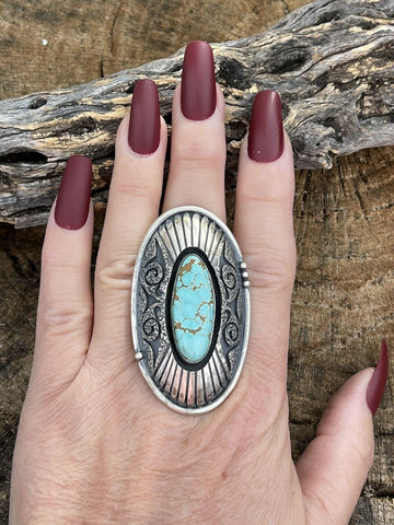 Navajo Number 8 Turquoise & Sterling Silver Statement Ring Size 8.5 Signed