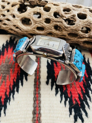 Vintage Navajo Turquoise & Sterling Silver Watch Cuff Signed