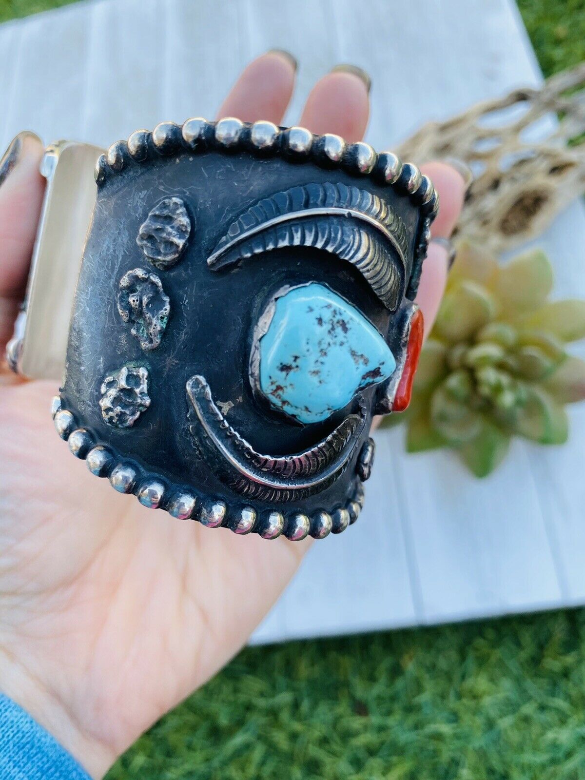 Vintage Navajo Turquoise, Coral & Sterling Silver Cuff Bracelet