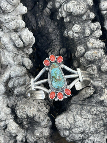 Navajo Sterling Kingman Web Turquoise & Red Coral Taos Bracelet Cuff Johnson