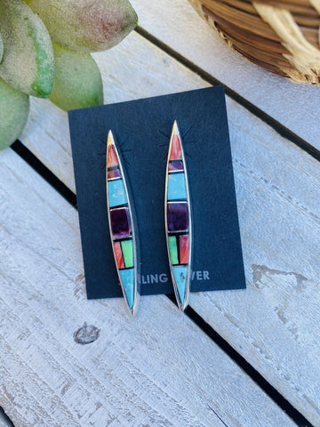 Navajo Multi Stone And Sterling Silver Inlay Dangle Earrings