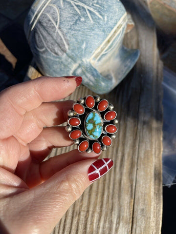 Navajo Sterling Silver Kingman Web Turquoise & Red Coral Taos Ring Sz 7