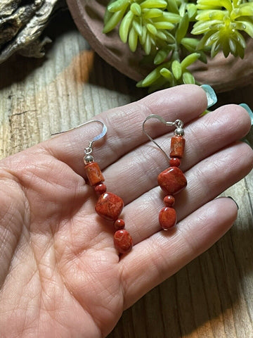 Navajo Sterling Silver Apple Coral Strand Beaded Earrings