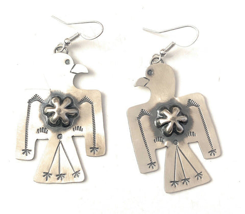 Navajo Hand Stamped Sterling Silver Thunderbird Dangle Earrings By Tim Yazzie