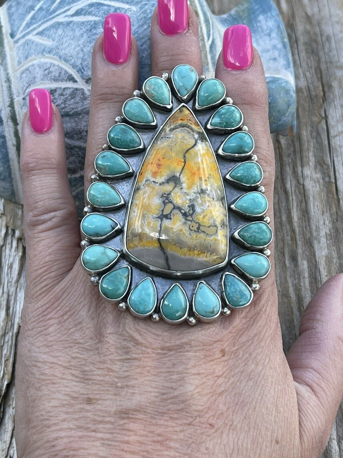 Navajo Sterling Bumblebee and Turquoise Stone Ring Sz 9.5