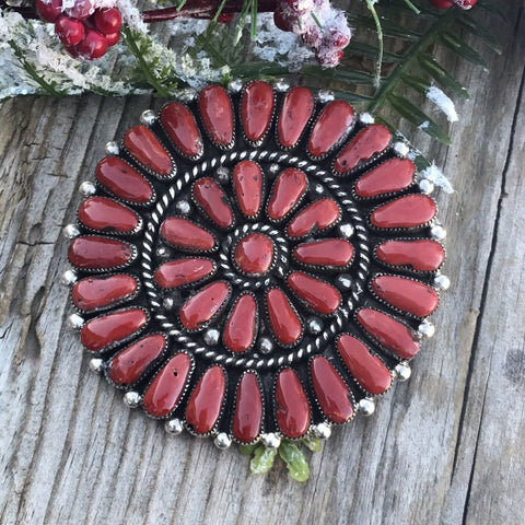 Navajo Jumbo Sterling Silver  Natural Red Coral Cluster Pendant/pin Signed