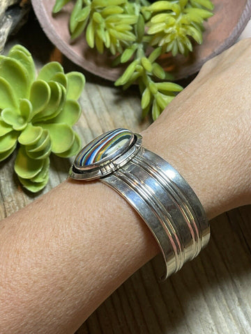 Unique Navajo Sterling Silver & Rainbow Stone Signed Cuff Bracelet