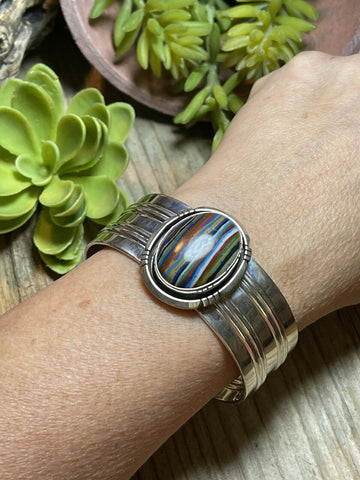 Unique Navajo Sterling Silver & Rainbow Stone Signed Cuff Bracelet