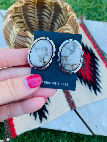 Navajo White Buffalo And Sterling Silver Post Earrings Signed