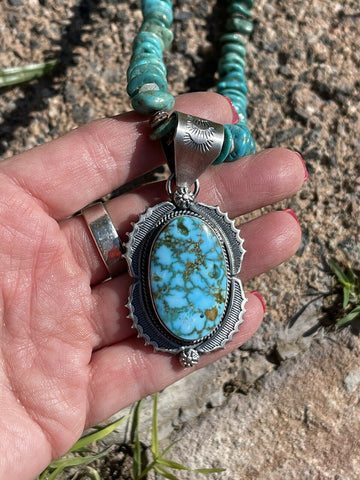 Navajo Number 8 Turquoise & Sterling Silver Elegant Pendant Signed